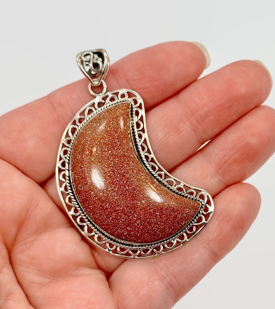 Goldstone Crescent Moon Pendant: Artisan Sterling Silver Boho Statement
