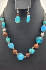 Boho Turquoise Stone Beaded 9in Leather Necklace with Matching Earrings