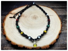 Black Hemp Rasta Necklace With Yellow Mushroom Pendant & Glass Beads