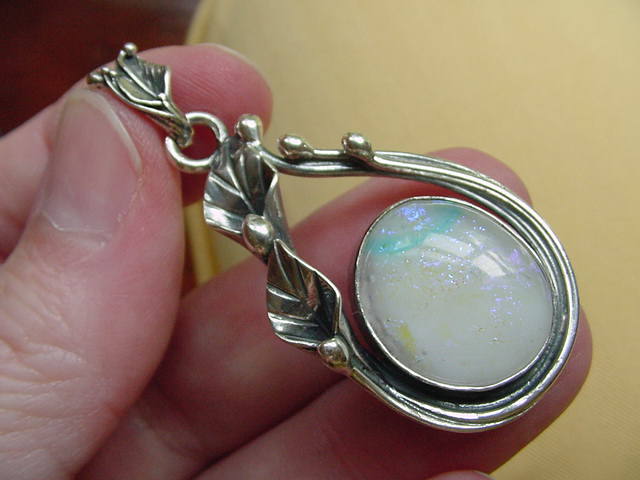(#D-98E) DICHROIC Fused GLASS Pendant SILVER WHITE BLUE YELLOW
