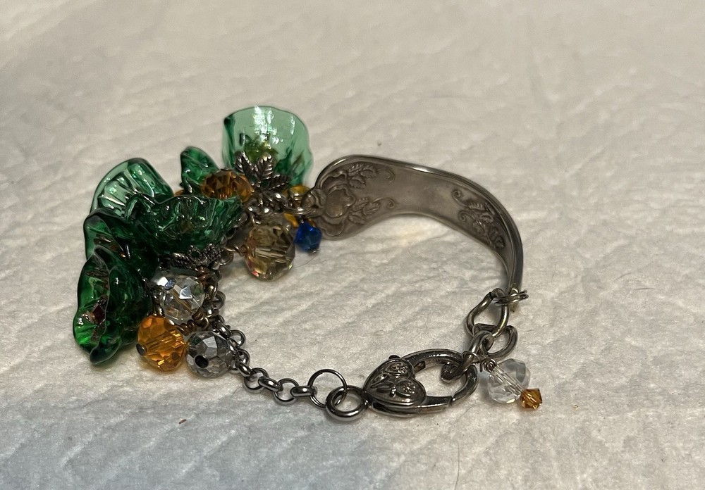 Handcrafted Spoon Bracelet with 6 Lamp Work Green Flower Beads .7 1/2 inches .