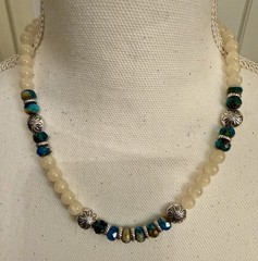 Caribbean Beach Picasso Rondelle & 8 mm Resin Cream Beaded Necklace, 19.5”- 22”
