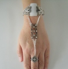 Moonstone Gothic Art Deco Renaissance Medieval Boho Hand Chain Slave Bracelet