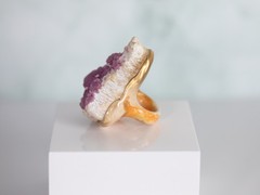 Adina Mills Pink Druzy Crystal Geode Statement Ring Size 7 Handmade Gold Tone