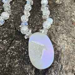 Iridescent Aura Quartz Druzy Slice Pendant Crackle Glass Bead Necklace Handmade