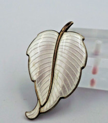 Vintage Volmer Bahner VB Denmark Sterling Silver White Enamel 2” Leaf Pin Brooch