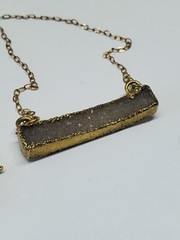 Gray Druzy Quartz Bar Pendant 14k Gold Filled Chain Necklace