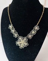 Vintage Lacy Rhinestone Floral Necklace • Mid Century Wirework Bib • Gold Tone S