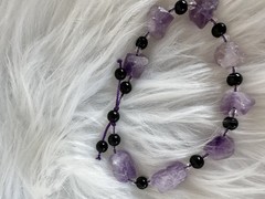 Raw Amethyst & Black Onyx Adjustable Beaded Bracelet Boho Gemstone