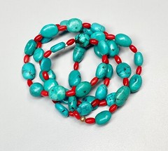 Artisan Crafted Oval Turquoise Bead Red Coral Necklace 14K Gold Accent 30″ L #2