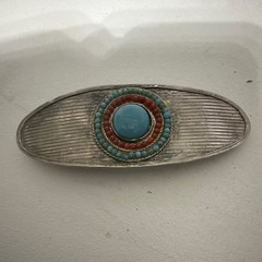 Native American Navajo hair Barrett, turquoise and coral 5”