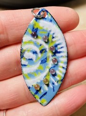 Artisan Enameled Copper Pendant Blue Green White with raised balls Surfer