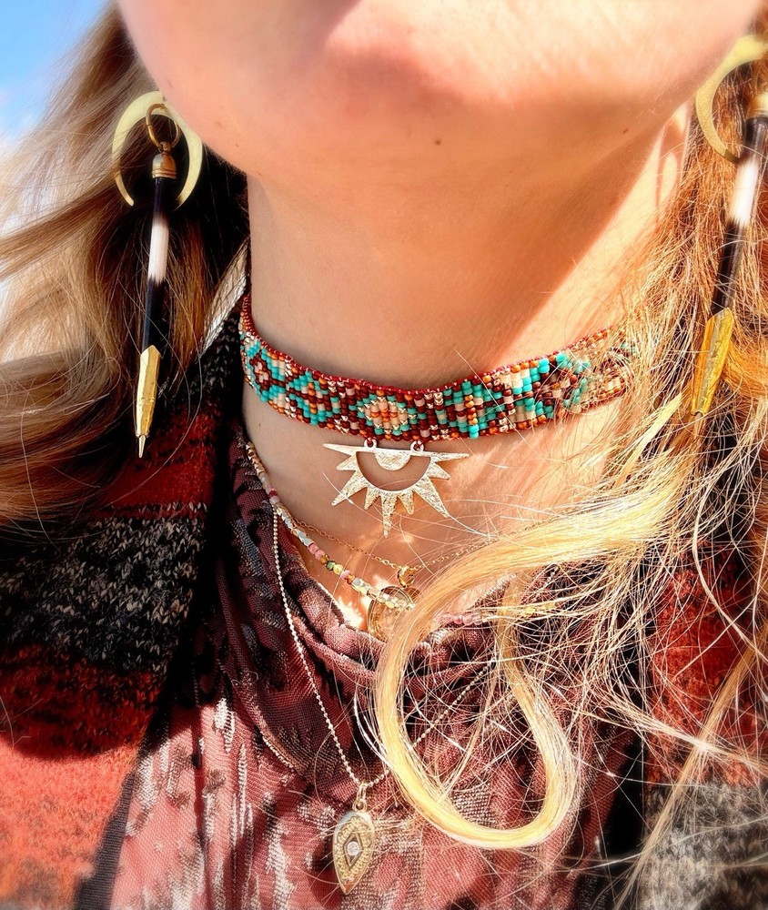 OOAK Artisan Handmade Beaded Choker Necklace Woven Seed Bead Boho Sun Charm New