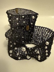 Mindy Lam Couture Black Metal Lace Cuffs w/ Pearls 2” & 3” Wide Signed Tagged