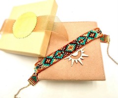 OOAK Artisan Handmade Beaded Choker Necklace Woven Seed Bead Boho Sun Charm New