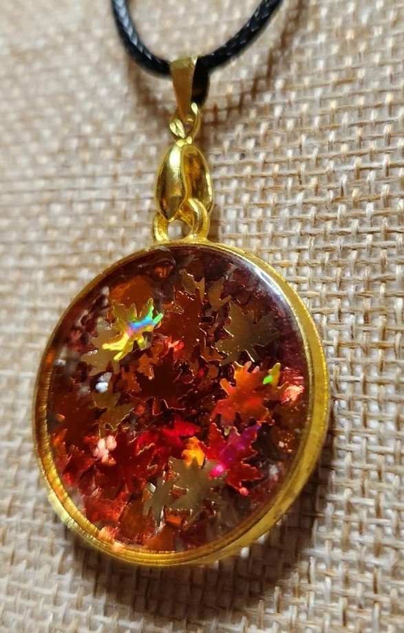 Handmade Resin Necklace – Goldtone- Autumn Leaves – Adjustable Cord Necklace