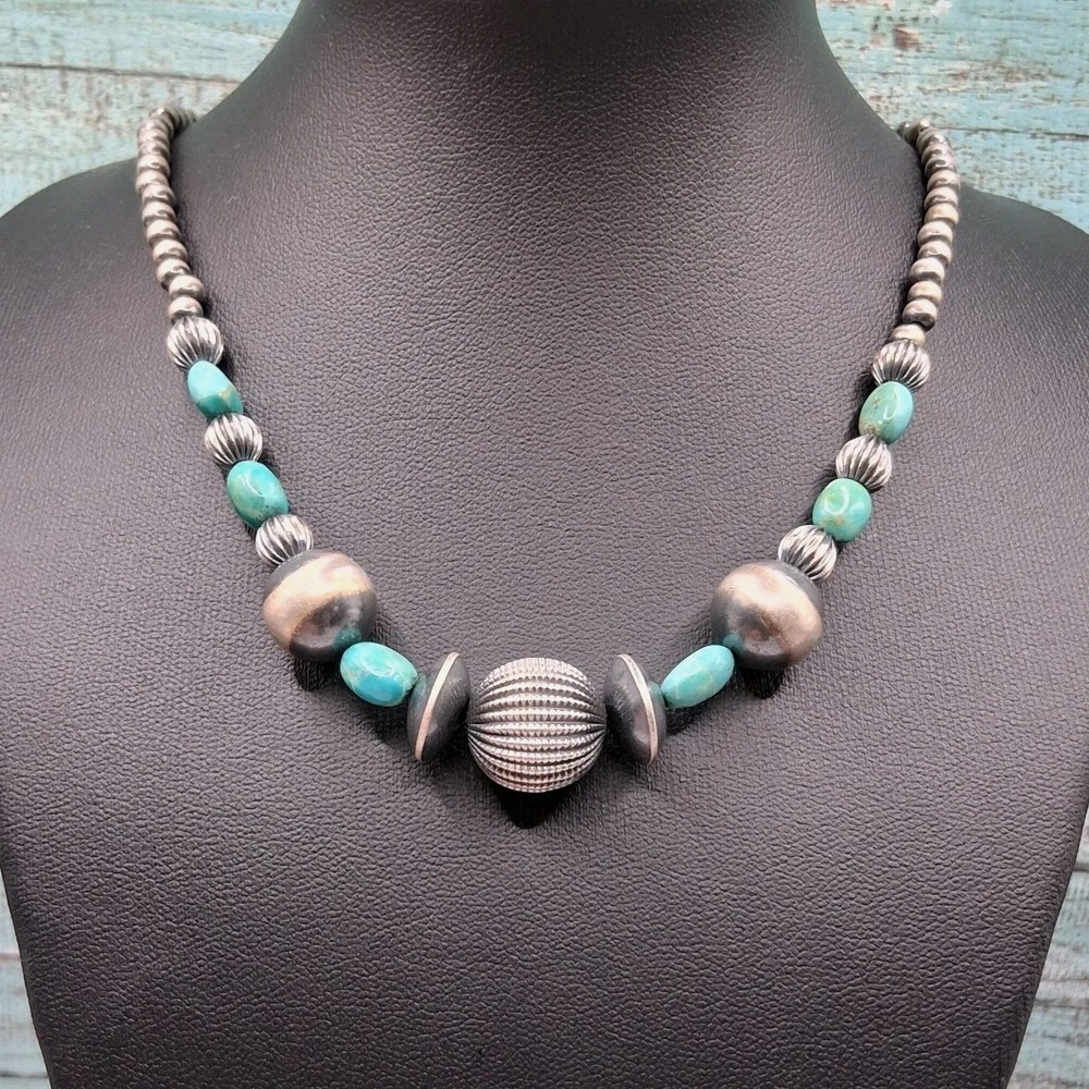 Sterling Silver Navajo Pearls Kingman Turquoise Necklace 16-18in Southwestern