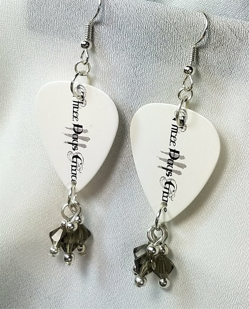 Three Days Grace Guitar Pick Earrings with Gray Swarovski Crystal Dangles