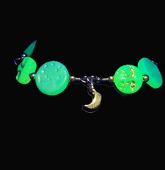 Uranium Czech blue and white moon glass beads hand wired gold tone bracelet 8″