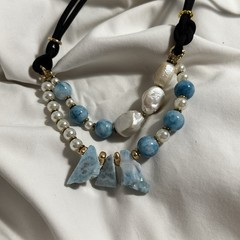 Necklace Freeform Larimar Stones Baroque Pearls Layers Adjustable Cord Handmade