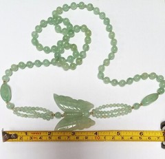 LONG JADE BEADED HAND-KNOTTED BUTTERFLY NECKLACE VINTAGE 34″