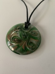 Pendant Green Glass Gold Foil & Necklace Lacing 15-18 In Adjustable Length