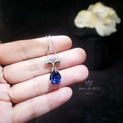 Blue Sapphire Necklace Ginkgo biloba Leaf Pendant Large 4 CT Teardrop Lab