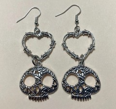 Silver Skull Heart Hook Dangle Drop Engraved Large Festive Handmade Earrings 2.5