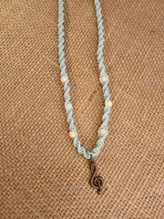 New Blue Hemp Necklace W/ Bronze Music Charm & White Beads 15 in Macrame