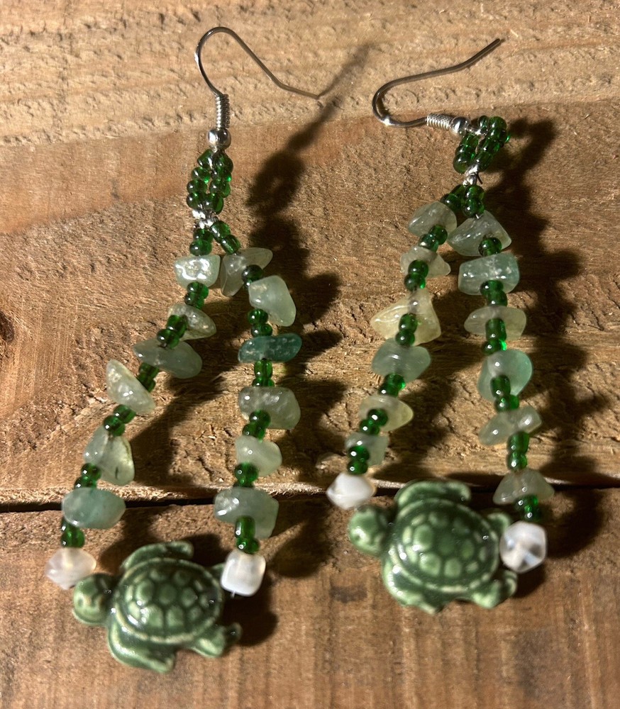 Handmade Green Bead Stone Ceramic Turtle Hanging Earrings NWOT