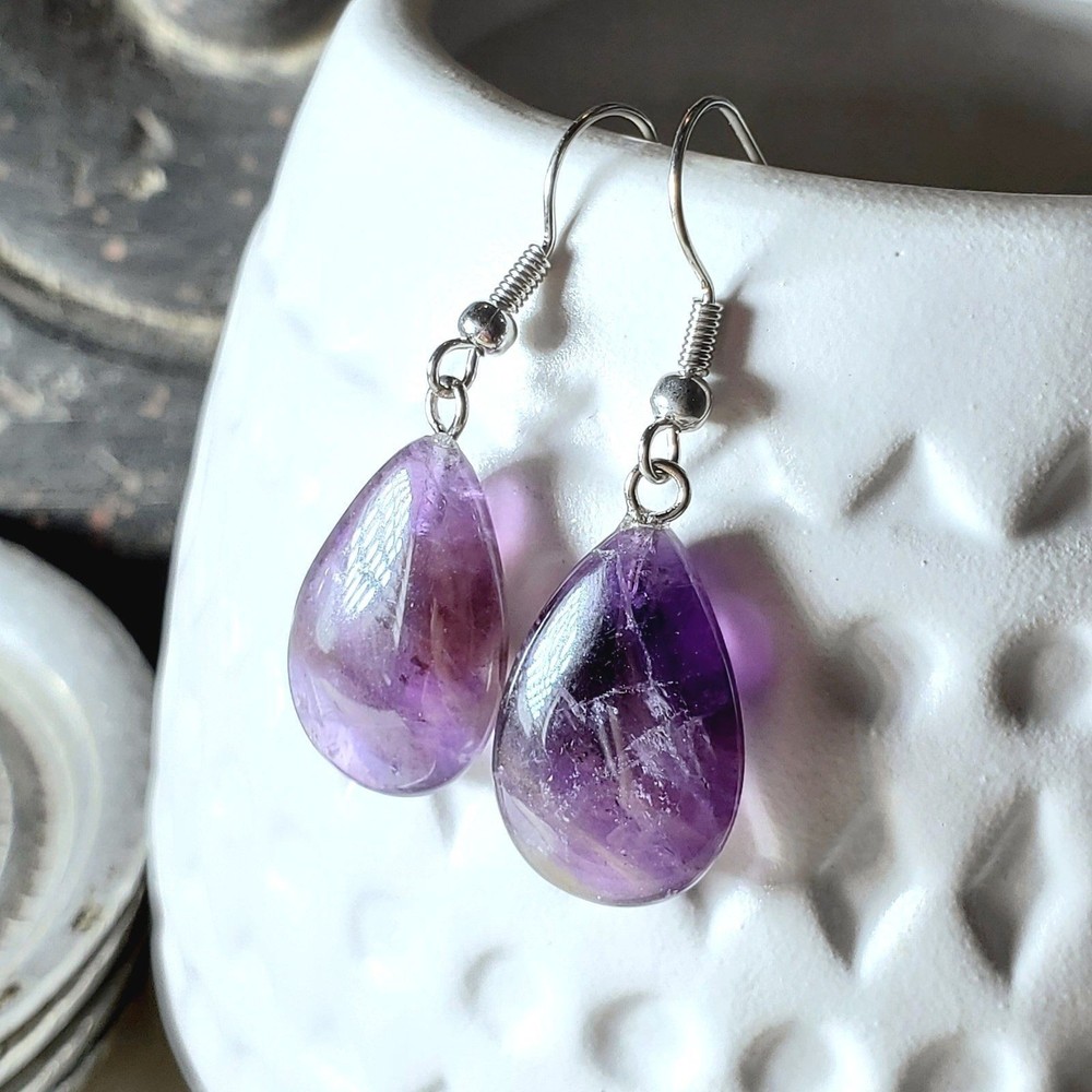 Amethyst Gemstone Puffed Teardrop Handcrafted Purple Silver Dangle Earrings