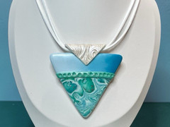 Handmade White Blue & Green Polymer Clay Large Pendant Necklace 18″ on Cord SS