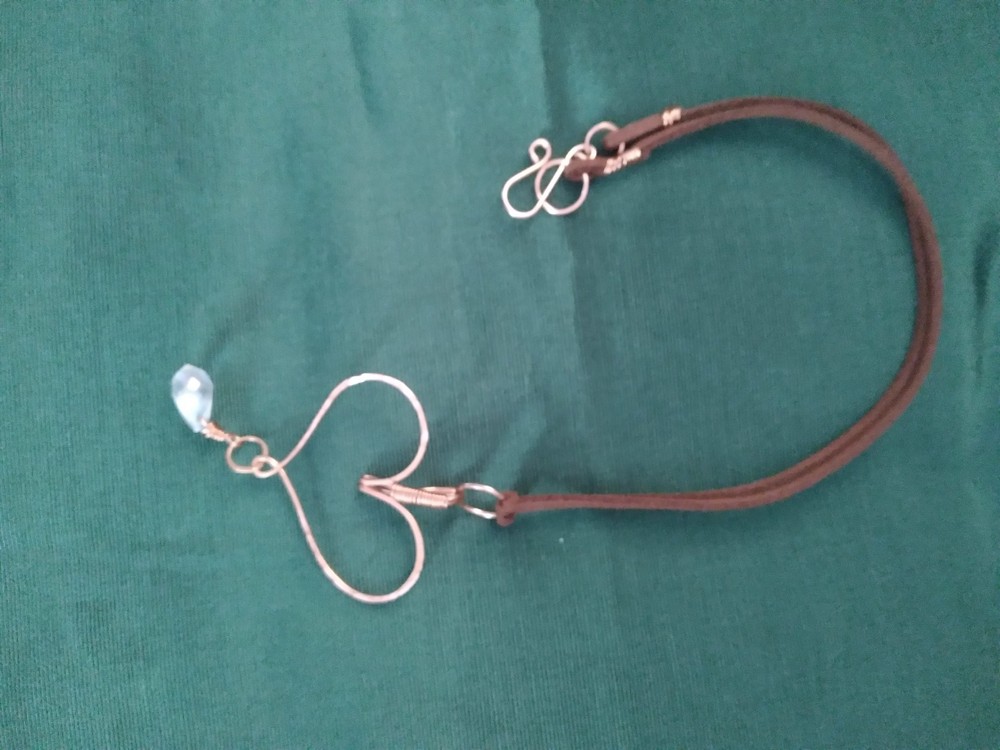 Handmade hammered heart necklace with tear drop glass bead and faux leather