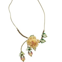 Handmade Lampwork Sculpted Peach Pink Flower Leaf Bud Matte Glass Bead Necklace