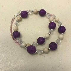 Handmade Necklace Purple and White Magnesite Stone with Clear Glass Silver Tone