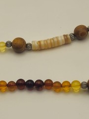 Handmade Amber Beaded Necklace with Shell, Sandalwood and Yellow Turquoise