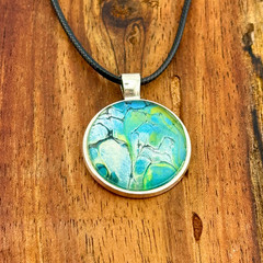 Pendant Necklace Handmade «Burbling Stream» Silver Bezel 25mm Black Cord