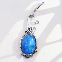 925 Sterling Silver Pendant, Artisan Scroll Charm, Oval Blue Cabochon Jewelry