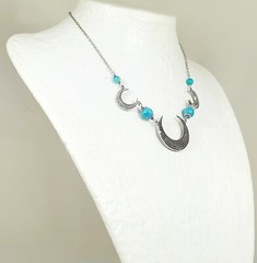 Antique Silver Half Moon Statement Necklace with Faceted Mystic Coated Turquoise