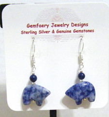 Sterling Silver Natural DENIM LAPIS Gemstone BEAR Dangle Earrings…Handmade USA