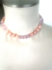 Pink Crystals and Peach Coral Color Bead Necklace Hand Made New No Tags