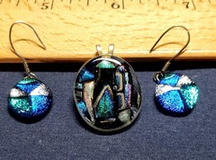 Dichroic Glass pendant and matching drop earrings, hand-made