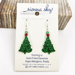 Sienna Sky Holiday Earrings Green Christmas Tree with Swirl Design and Red Star