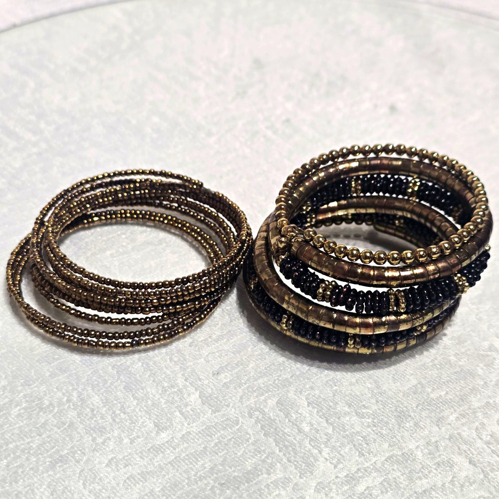Women’s Stackable Beaded Coil Bangle Bracelet Set Of 2, Gold & Black Metal