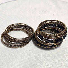 Women’s Stackable Beaded Coil Bangle Bracelet Set Of 2, Gold & Black Metal