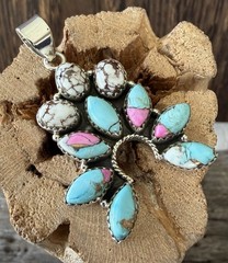 Sterling Silver Native Style SW Kingman Cotton Candy Dahlia & Wild Horse Pendant