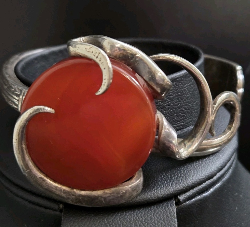 Artisan Fork Bracelet With Large Red-Agate/Carnelian Stone Silverplate