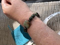 Green Serpentine Jasper Beaded Bracelet Copper Toggle Clasp Moss Matrix 8.25″