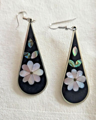 Dramatic Mexico Black 3″ Drop Alpaca Earrings Mother of Pearl & Abalone Inlay