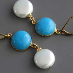 Turquoise and Shell Pearl Two Layer Earrings